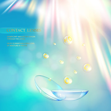 Best blue contact lenses for your eye color. Awesome medical illustration of rain drop over blue science background and text place at the top of image. Vector illustration.