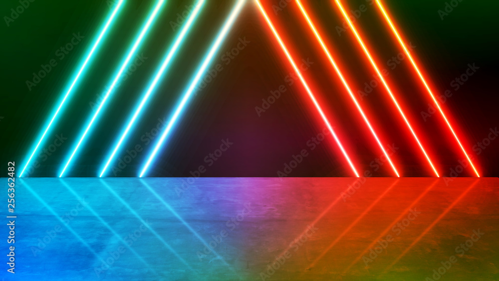 Poster 3d rendering of coral green and red orange led light with reflection on shinny grunge surface backgr