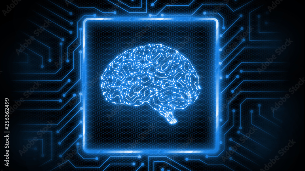 Poster 3d rendering of abstract blue glowing circuit board background with brain logo at center. perfect fo
