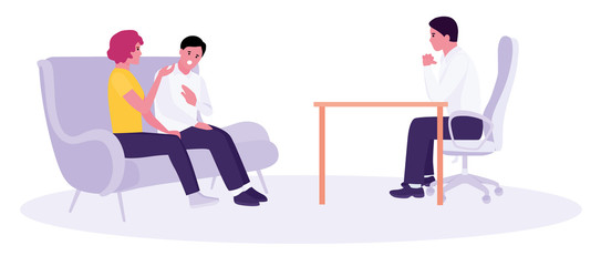 Portrait of unhappy couple talking to marriage counselor before breaking up, consulting family relationships expert, trying to save marriage. Vector illustration in a flat cartoon style