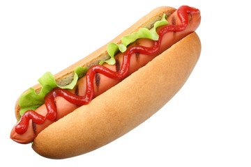 Hot dog grill with lettuce isolated on white background. fast food.