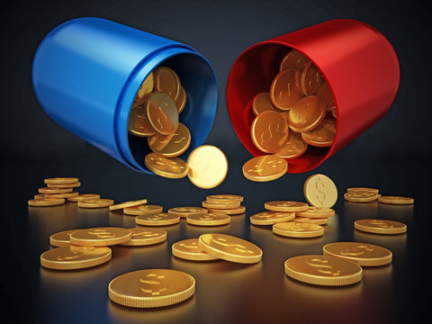 Gold coins inside open red and blue pill. 3D illustration