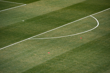 Obraz premium Aerial view of natural beautiful pattern of fresh green grass soccer field background. Football stadium.