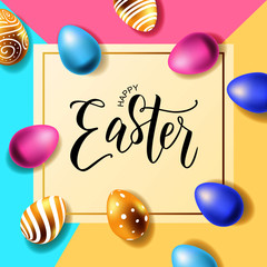 Happy Easter hand lettering with realistic looking egg. Vector typography. Quote as Pascha logotype, badge and icon. Resurrection Sunday postcard, card, invitation, poster, banner template.