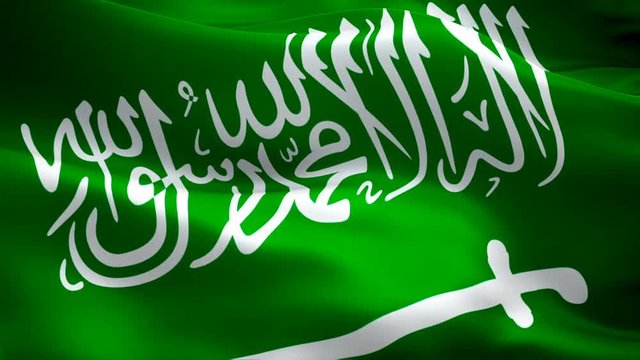 Saudi flag waving in wind video footage Full HD. Realistic Saudi Flag background. Saudi Arabia Flag Looping Closeup 1080p Full HD 1920X1080 footage. Saudi Arabia Makkah Middle East country flags HD