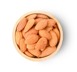 Almond nuts in bowl on white background.