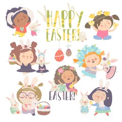 Obraz na płótnie Canvas Cute little girls with Easter theme. Happy Easter