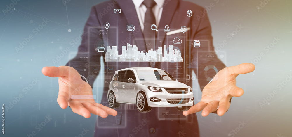 Aufkleber businessman holding dashboard smartcar interface with multimedia icon and city map on a background 3