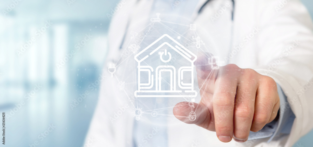 Poster doctor holding smart home interface with icon, stats and data 3d rendering