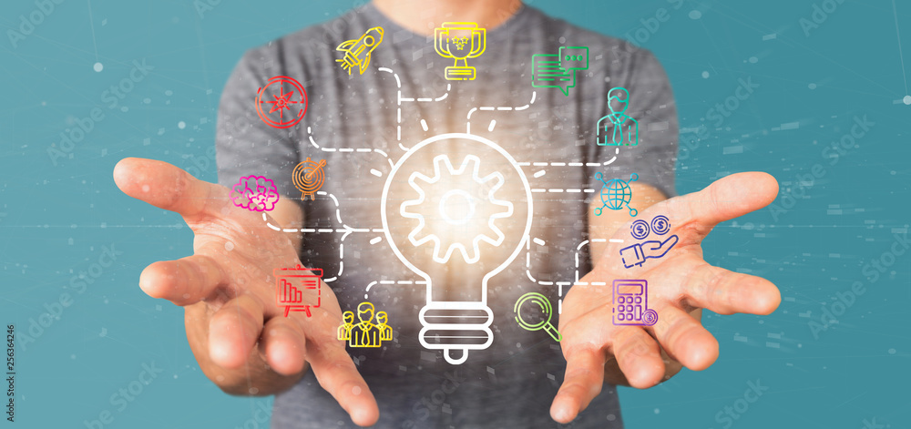 Poster businessman holding a bulb lamp idea concept with start up icon connected 3d rendering
