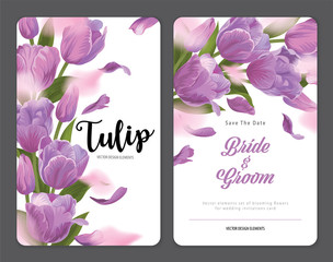 Blooming beautiful purple tulip flowers background template. Vector set of blooming floral for wedding invitations, greeting card, voucher, brochures and banners design.