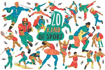 Handdrawn vector set-20 kind of sport. Cartoon illustrations - characters athletes.