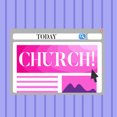 Word writing text Church. Business photo showcasing Cathedral Altar Tower Chapel Mosque Sanctuary Shrine Synagogue Temple Blank Template of Pastel Colorful Website Layout Design for Homepage Format