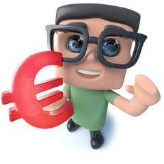 Funny 3d cartoon geek student character holding a Euro currency symbol