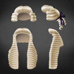 Long and short 18th century men curled wigs or perukes front and side view 3d realistic vector isolated on transparent background. Court dressing element, judges and advocates apparel illustration