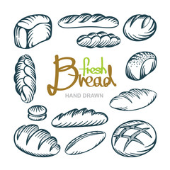 Bread. Bakery products set. Hand drawn sketch style bread illustrations set.