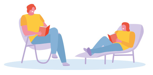 Attractive girls students lying on a sunbed and reading a books isolated on white background. Vector illustration in a flat cartoon style
