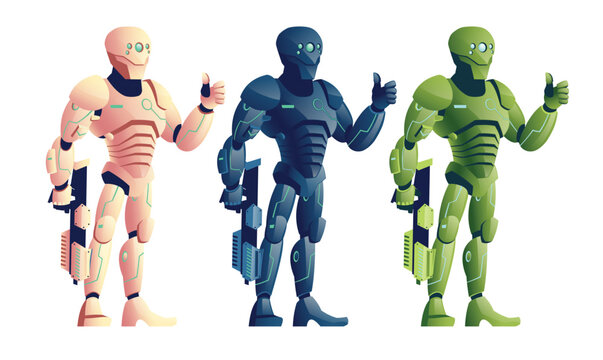 Various color, future cyborg warriors, soldiers in futuristic armor, alien army robot, war game character armed assault rifle, plasma gun, showing thumbs up cartoon vector isolated on white background