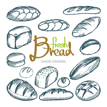 Bread. Bakery products set. Hand drawn sketch style bread illustrations set.