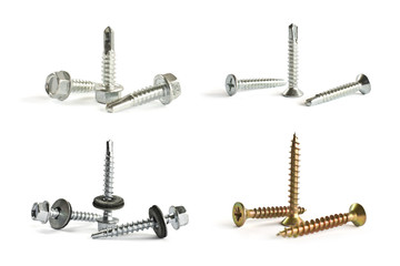 Closeup Self Drilling screws for roofing with a drill and with sealing washer isolated on white....