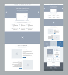 One page website design template for business. Landing page wireframe. Flat modern responsive design. Ux ui website: home, features, video, about product, gallery, statistics and details, contacts.