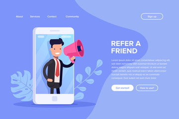 Refer a friend vector illustration concept. Digital business. People shout on megaphone with refer a friend word. Can use for landing page, template, ui, web, mobile app, poster banner or flyer.