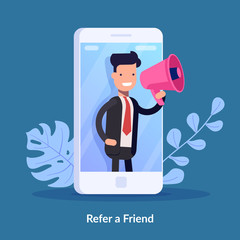 Refer a friend vector illustration concept. Digital business. People shout on megaphone with refer a friend word. Can use for landing page, template, ui, web, mobile app, poster banner or flyer.