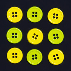 Fototapeta premium Yellow and green sewing buttons in row on a black background