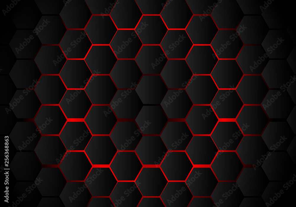 Aufkleber abstract black hexagon pattern on red neon background technology style. honeycomb.