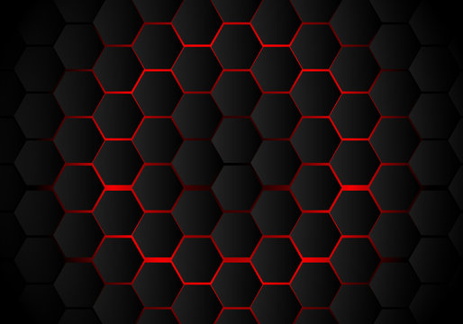 Abstract black hexagon pattern on red neon background technology style. Honeycomb.