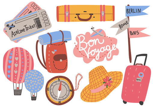 Travel Objects Collection, Airplane Tickets, Backpack, Compass, Hot Air Balloon, Hat, Signpost, Time to travel, Summer Vacation Vector Illustration