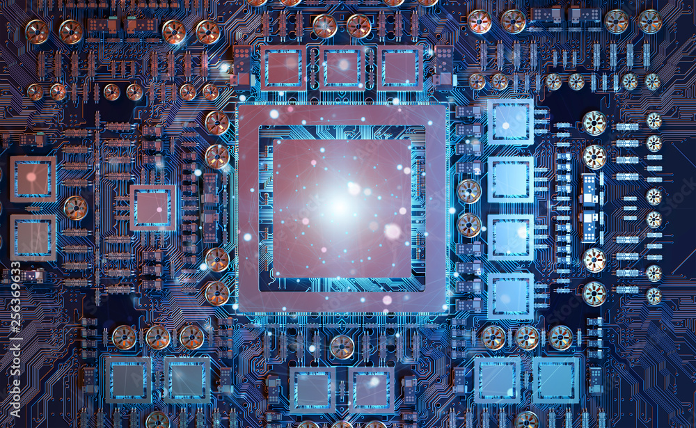 Fototapete close-up view of a modern gpu card with connections 3d rendering