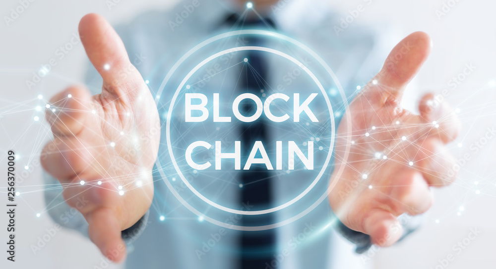 Poster Businessman using blockchain cryptocurrency interface 3D rendering