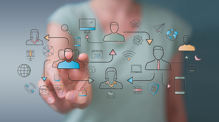 Businesswoman using thin line social network icons interface