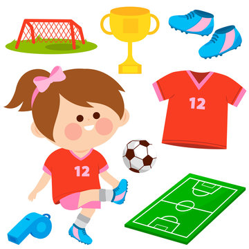 Little girl playing soccer. Vector illustration collection