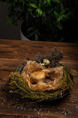 Mongolian chicken with herbs on wooden background