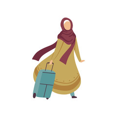 Muslim Woman Walking with Suitcase, Modern Arab Girl in Traditional Clothing Traveling Vector Illustration