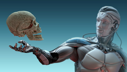 Robot and human skull artificial intelligence concept, 3d render
