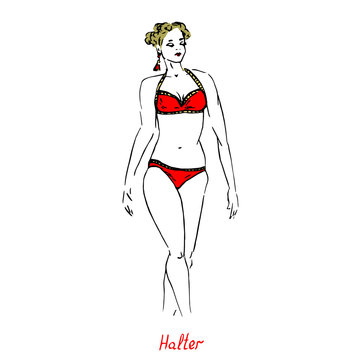Portrait of sexy blonde retro pin up girl in red halter type of swimsuit with inscription, hand drawn outline doodle, sketch in pop art style, vector illustration