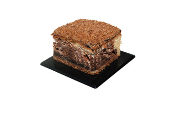 Fototapeta na wymiar zebra cake made of brown and white dough mixed as layers on the black plastic disposal stand
