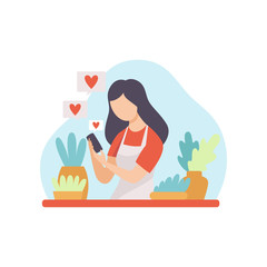 Girl Talking About Houseplants, Young Woman Blogger Creating Content about Her Hobby and Posting It on Social Media, Online Channel Concept, Female Video Streamer Vector Illustration