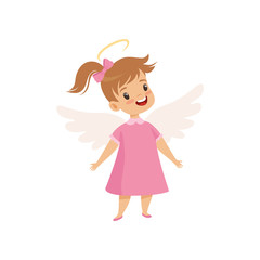 Little Winged Girl With Halo on Her Head Wearing Pink Dress, Cute Child with Good Manners Vector Illustration