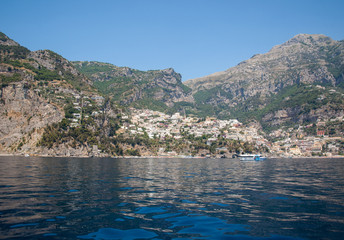 Positano seen from the sea on Amalfi Coast in the region Campania, Italy