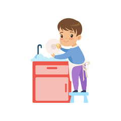 Cute Boy Washing Dishes, Kid Helping With Home Cleanup Vector Illustration