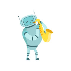 Cute Robot Musician Playing Saxophone Musical Instrument Vector Illustration