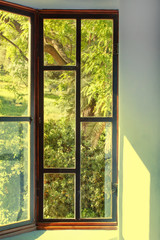 View to green garden through vintage wooden window