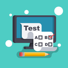 Online test. Checklist and pencil on a computer monitor. Online form survey. On-line questionnaire. Choosing answer. Web learning. Vector illustration flat design. Isolated on white background.