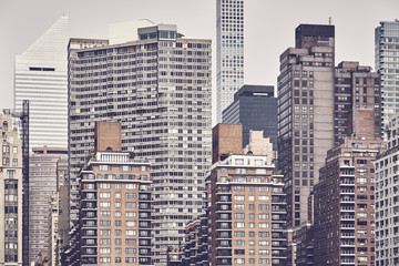 Fototapeta na wymiar Manhattan cityscape seen from the Roosevelt Island, color toning applied, New York City, USA.