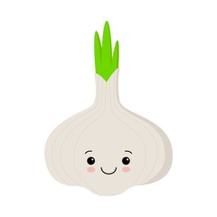 Vector flat illustration of funny happy cartoon garlic isolated on white background