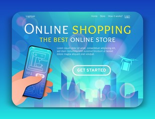 Landing page template of Online Shopping and e-commerce.Modern flat design concept of web page design for website and mobile website.Online payment, customer service and delivery.Vector illustration